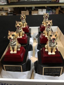 Tiger reading awards - a resin top attached to a black base.